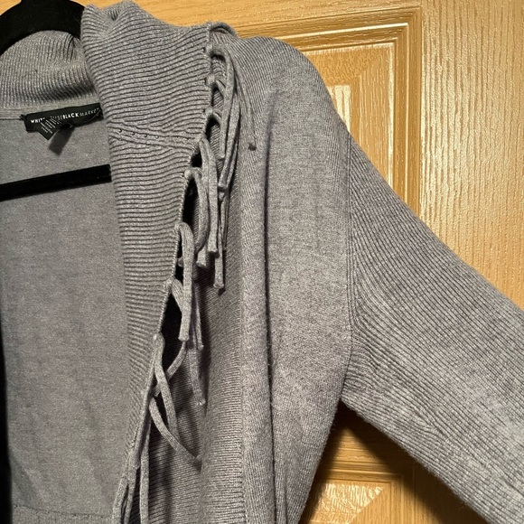White House Black Market Grey Fringe Long Knit Open Cardigan - Picture 7 of 12